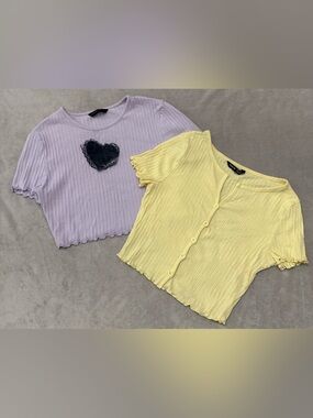 SHEIN 2-Piece Ribbed Lettuce Trim Cropped Tees Lot Lavender Heart Yellow XS